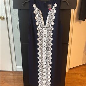 Elegant Navy Dress with White Lace Detail